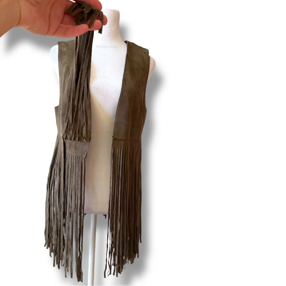 FATE Woodstock Olive Green Faux Suede Fringe Vest Western Festival Boho  Small - Picture 6 of 13